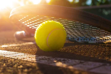 Deurstickers tennis ball on a tennis court © Mikael Damkier