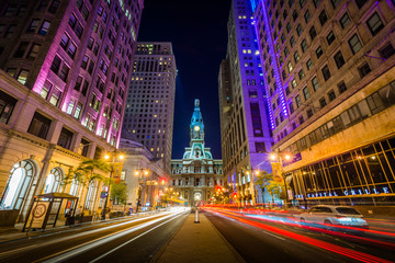 Broad Street and City Hall at night, in Center City, Philadelphia, Pennsylvania.