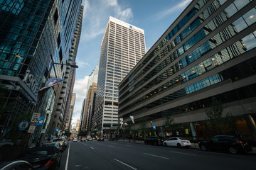 Modern skyscrapers along Market Street, in Center City, Philadelphia, Pennsylvania.