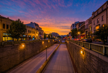 Connecticut Avenue at sunset, at Dupont Circle, in Washington, DC.