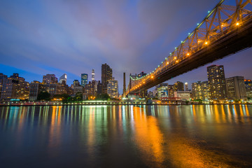 The Queensboro Bridge at night, seen from Roosevelt Island in New York City.