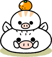 亥年の年賀状素材＿鏡餅型の白いイノシシの親子