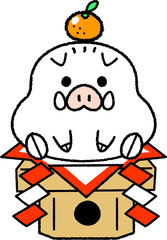 亥年の年賀状素材＿鏡餅型の白いイノシシ
