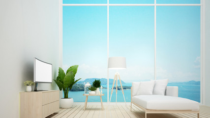 Daybed on living room with sea view and bright sky in hotel or condominium - Living room simple design artwork for vacation time - 3D Rendering