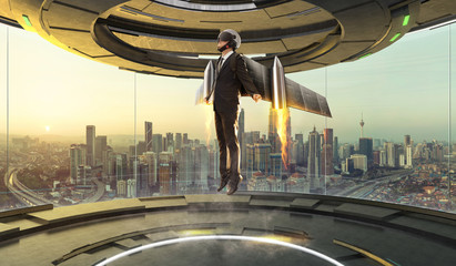 Futuristic interior design empty space room with Businessman wear a rocket suit to lift ,.Business...