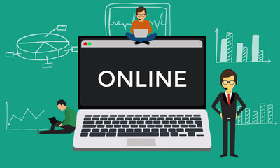 Naklejka premium Online concept business man work flat design.