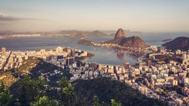 Sunset over Rio de Janeiro skyline with Sugarloaf Mountain, Brazil. Time Lapse with vintage colors