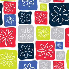 Fototapeta premium Blue, red, lime, and gray doodle squares with white flowers on a white background. Seamless vector pattern. Perfect for backgrounds, fabric, packaging, and wallpaper projects.
