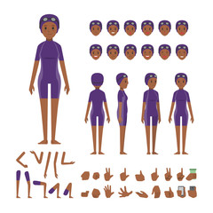 african swimmer woman character set. Full length. Different view, emotion, gesture.

