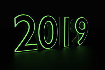 The green text 2019 over black background. 3D rendering.