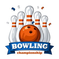 Colorful poster for bowling tournament. Vector template poster with composition of bowling skittles, orange bowling ball and inscription on blue ribbon 1.1