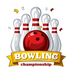 Colorful poster for bowling tournament. Vector template poster with composition of bowling skittles, red bowling ball and inscription on yellow ribbon 1.1