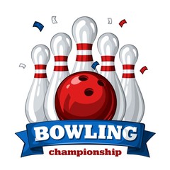 Colorful poster for bowling tournament. Vector template poster with composition of bowling skittles, red bowling ball and inscription on blue ribbon 1.1