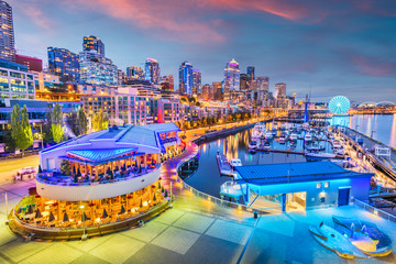 Seattle, Washington, USA Pier and Skyline - obrazy, fototapety, plakaty