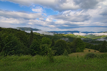 Sunrise above peaks of smoky mountain with the view of forest in the foreground. Dramatic overcast sky. Synevyr Pass. Zakarpatska oblast, Ukraine