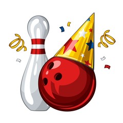Vector illustration of bowling skittle and red bowling ball in party hat, isolated on white background. Party shiny hat with colored stars. Happy birthday 1.1