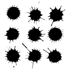 Black ink paint spots. Drops texture isolated on white background. Set for grunge splash textures. Vector illustration.