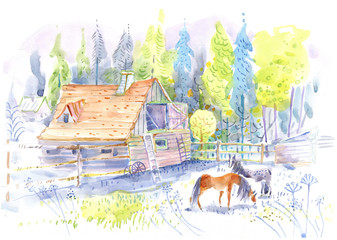 Farm, horses, watercolor landscape - 212176345