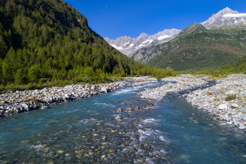 Mountain creek, valley with forest and river