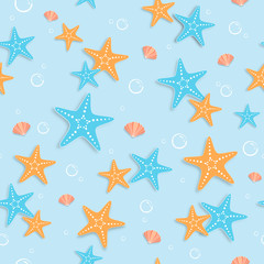 Seamless sea shells and starfish summer pattern vector background.