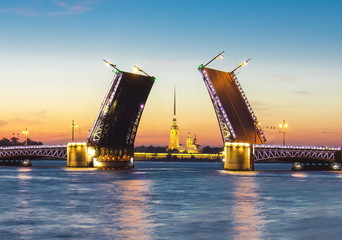 Fototapeta na wymiar Drawn Palace Bridge and Peter and Paul Fortress at white night, St. Petersburg, Russia