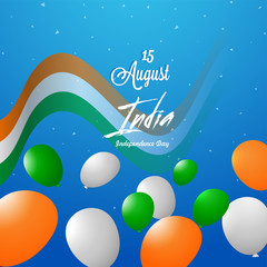 Fototapeta na wymiar Shiny blue background decorated with waving Indian national flag and realistic tricolor balloon for Independence Day celebration.