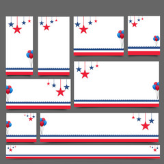 Social media banner or header set decorated with American flag colors hanging stars and balloons for 4th Of July, Independence Day celebration concept.