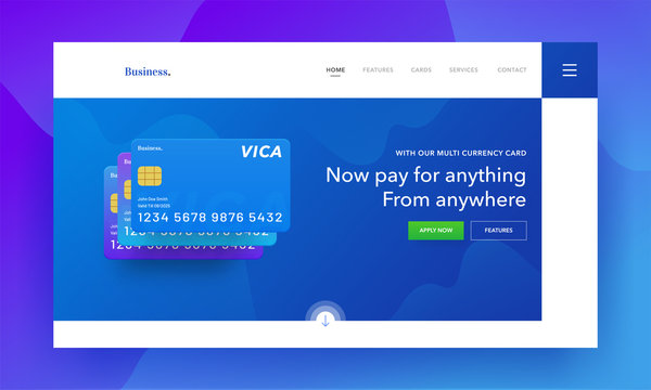 Responsive landing page or hero banner design with illustration of credit or debit card for online payment concept.
