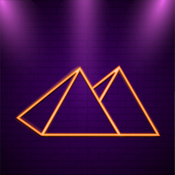 Orange neon pyraminds symbol on purple brick wall.