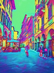 Obraz na płótnie Canvas Vintage Italian small street in Florence. Traditional old architecture of Italy. Big size oil painting fine art. Modern impressionism drawn artwork. Creative artistic print for canvas, poster or paper