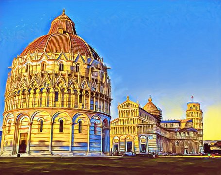 The Square of Miracles Pisa: The Leaning Tower, Duomo, Baptistry and Camposanto. Big size oil painting fine art. Modern impressionism drawn artwork. Creative artistic print for canvas, poster or paper