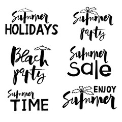 set of vector handwritten lettering Summer Time, holidays, enjoy summer, beach party, summer party, sale. Black isolated inscriptions on white background for banner, sticker, label, card, clothes.