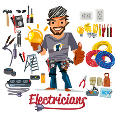 electricians character design with electronic tools and equipment. logotype for header design - vector