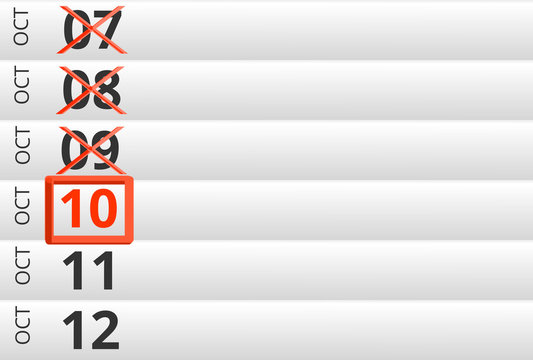 October 10 highlighted on Calendar previous days ticked
