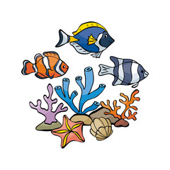 Fototapeta premium Image of lovely sea inhabitants in doodle style. Vector illustration isolated on a white background.