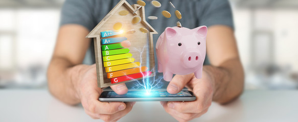 Businessman saving money with good energy chart rating 3D rendering