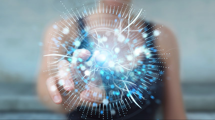 Businesswoman using digital eye surveillance hologram 3D rendering