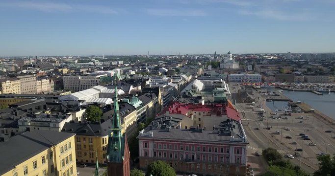 4K summer day aerial video of Helsinki Kaivopuisto central park with Observatory, ctyscape view, park woods area around it, in capital of Finland Suomi, northern Europe