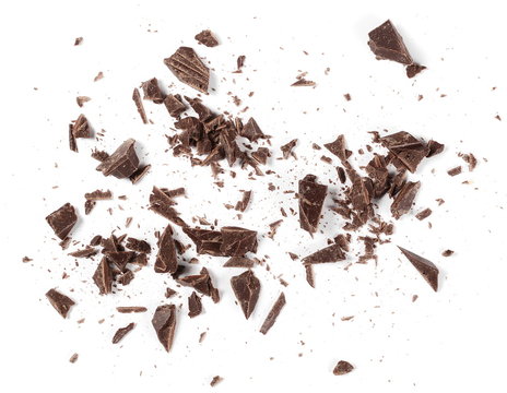 Chopped, Milled Chocolate Pile With Shavings Isolated On White, Top View