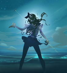 Cartoon anime illustration of a beautiful slim woman with long hair dancing on the moony background with a night starry sky and a ufo - obrazy, fototapety, plakaty