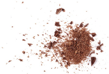 Chopped, milled chocolate shavings isolated on white, top view