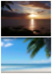 Fototapeta premium Two Blurred Tropical Backgrounds for Your Graphics Design - Palm Tree with Beach and Sea Illustration, Vector