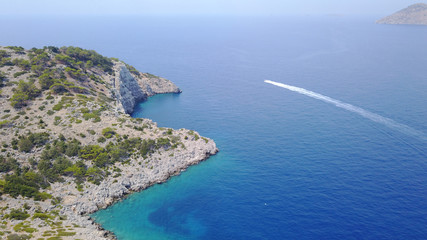 Aerial bird's eye view photo taken by drone from bay and iconic Monastery of Panormitis, Symi island, Dodecanese, Greece