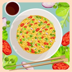 Fried rice with vegetables and sticks for Chinese food