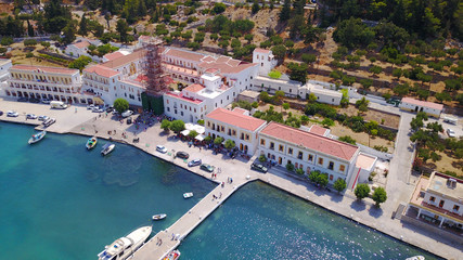 Fototapeta na wymiar Aerial bird's eye view photo taken by drone from bay and iconic Monastery of Panormitis, Symi island, Dodecanese, Greece