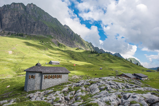 Pragelpass switzerland with the chapel. Remote and beautiful mountain pass between Kl&ouml;ntal on the Glarus side and Muotatal in Schwyz