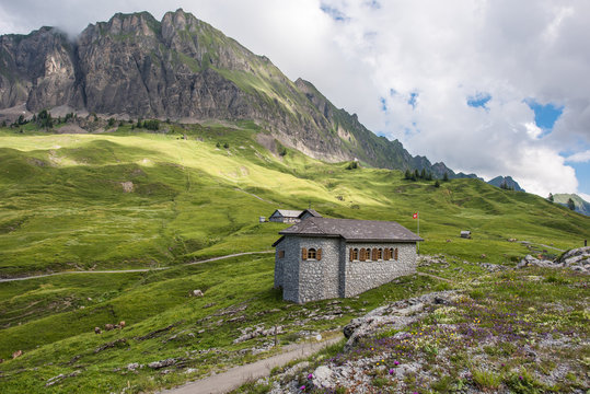 Pragelpass switzerland with the chapel. Remote and beautiful mountain pass between Kl&ouml;ntal on the Glarus side and Muotatal in Schwyz