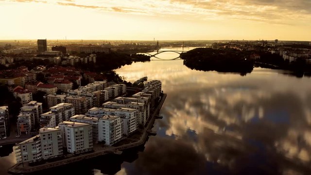 Aerial view of Stockholm on a summer morning.  Apartment buildings on "Lilla Essingen" in the foreground.