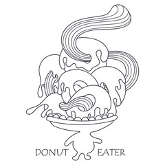 Doodle monster Donut eater. Lots of donuts in the mouth of cute little man with big head. Possibility to easily change colors for your design. Vector line art.
