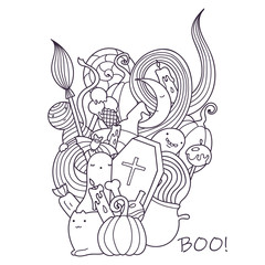 Halloween doodle illustration. Holiday art with cute characters and spooky objects.